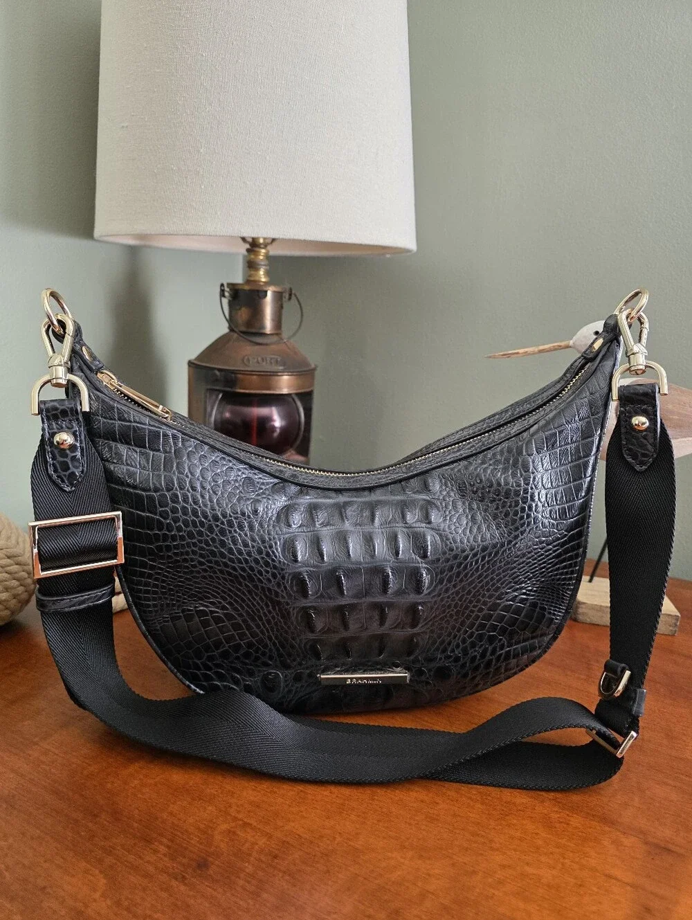 Brahmin Percy Black Alden Road Croc Embossed Crescent Crossbody Bag